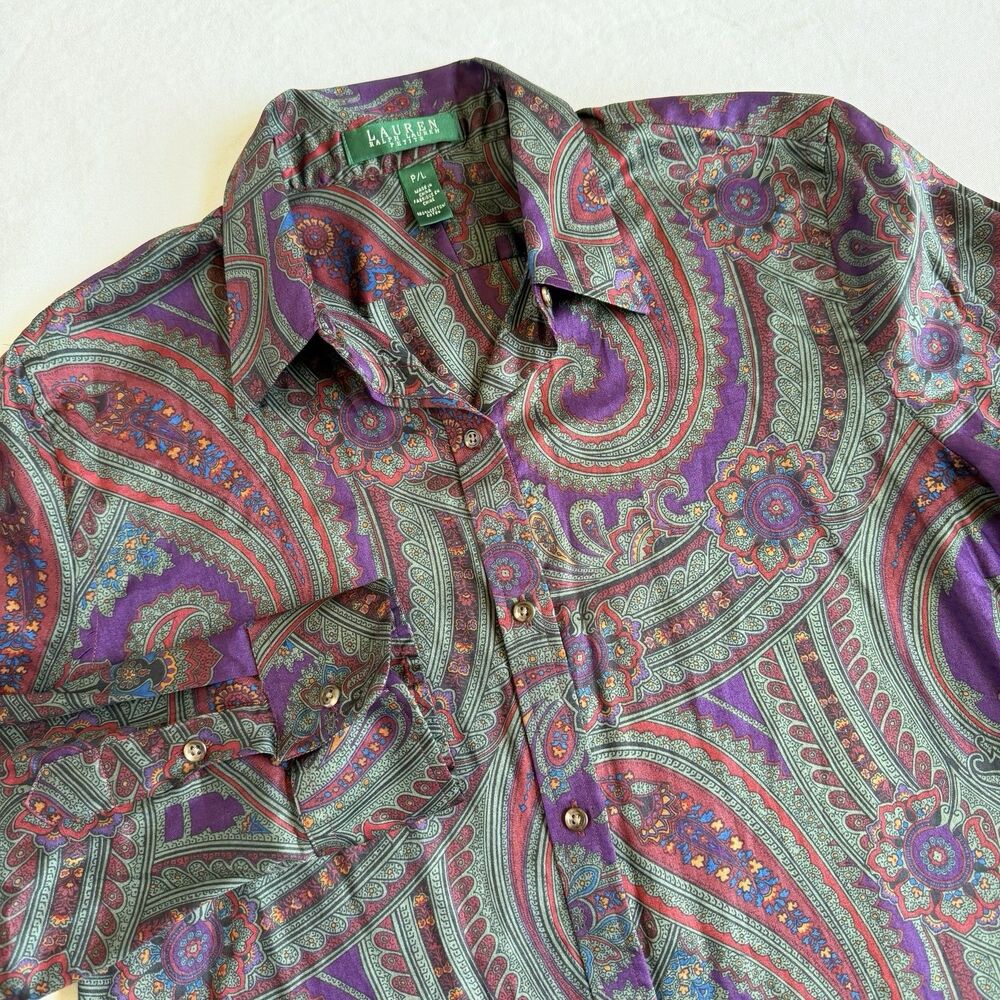 Lauren Ralph Lauren Womens Paisley Print Button Down Shirt Cotton Size PL Purple